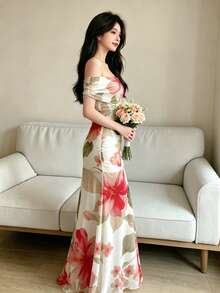 Modelyn 紅色大花卉植物圖案性感露肩抓皺洋裝，女款露肩收腰長版美人魚設計洋裝，金色紋理圖案優雅成熟風雪紡洋裝，夏季度假風穿搭 - 彩色 - 查看 5
