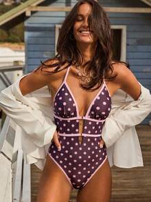 Swim Mod Mature Young Girl Style Navy Polka Dot Print Halter Neck Deep V Cutout Star Detail Back Tie One Piece Swimsuit, Summer Vacation Beach Tropical Travel - Red Violet - View 3