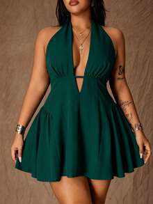 Rustia Plus Size Minimalist Hot Girl Fashion Design Deep V Halter Neck Lace-Up Waist-Cinched Dress Cocktail Dark Green Summer - Dark Green - View 4