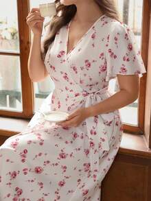SHEIN Clasi Summer V-Neck Floral Wrap Dress With Pink Roses On White Background, Plus Size - Multicolor - View 1