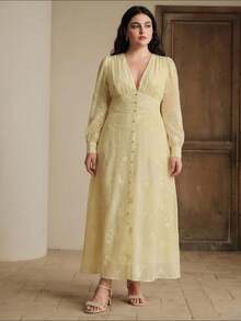 Anewsta Elegante vestido tejido de manga larga con bordado amarillo para ocasiones formales - Amarillo - Ver 7
