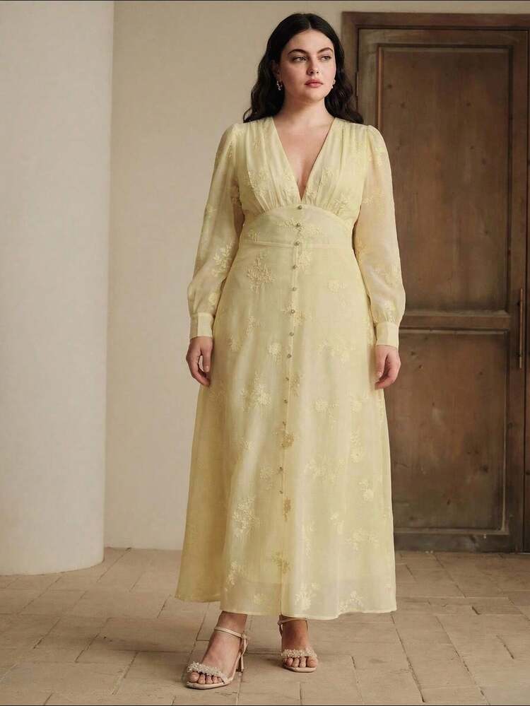 Elegant Long Sleeve Yellow Embroidered Woven Dress For Formal Occasions