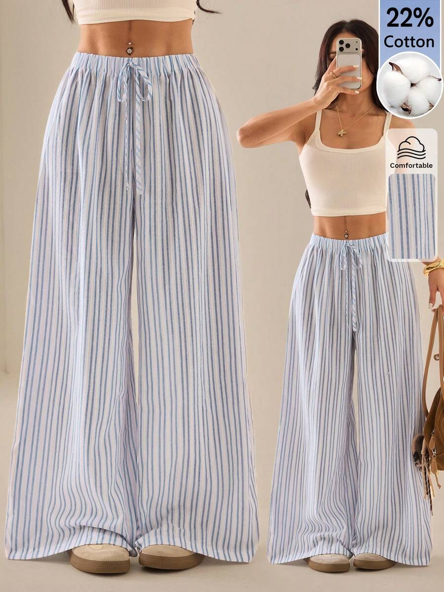 SHEIN PETITE 女款休閒寬鬆條紋寬腿長褲,小個女款 - 黑與白 - 查看 1