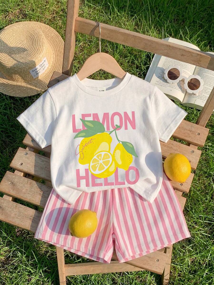 SHEIN Playful Pals 2件組女嬰檸檬水果印花圓領短袖T恤與條紋短褲白色夏季可愛度假假日嬰幼兒套裝 - 彩色 - 查看 1