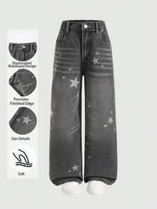 SHEIN 青少年女孩亞文化復古可愛俏皮Y2K風格星星印花寬腿牛仔褲，時尚街頭風休閒百搭單品，女孩夏季度假必備時尚單品 - 中等水洗藍 - 查看 8