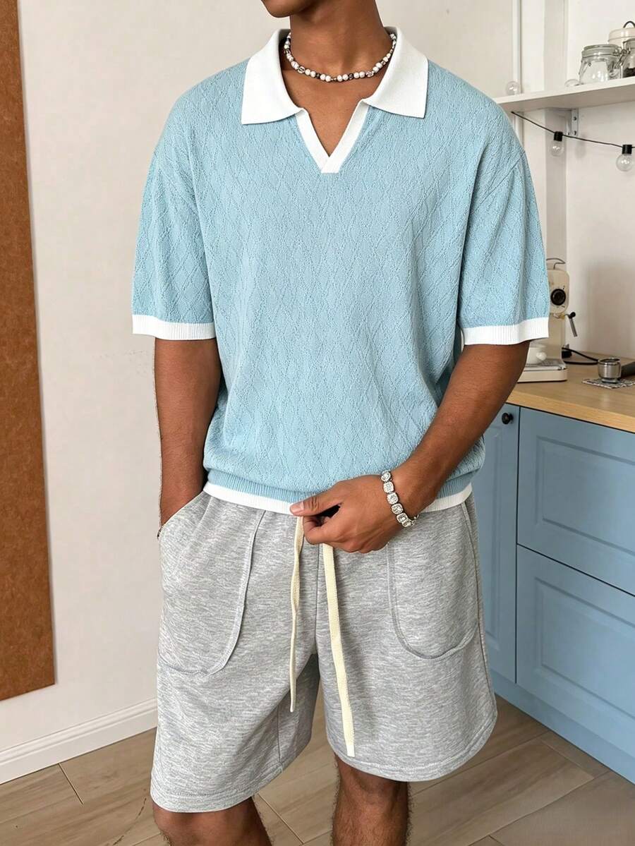 STEELVANCE Top de punto de manga corta con ribete en contraste para hombre - Celeste - Ver 1