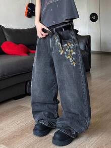 STEELVANCE Streetwear Retro Fashion Versatile Embroidered Design Loose Straight Wide Leg Casual Denim Jeans - Black - View 5