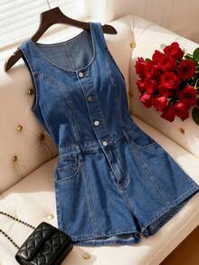 SHEIN MOD 女款單排扣口袋休閒無袖牛仔連身褲 夏季沙灘早午餐穿搭 畢業度假淺藍色 - 中等水洗藍 - 查看 7