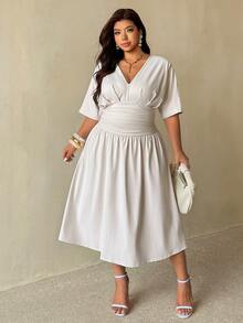 Auralis Plus Size Women Solid Color V-Neck Pleated Casual Party Dress - Apricot - View 4