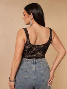 SHEIN BAE CURVE 大尺碼女款蕾絲性感連身內衣 - 黑色 - 查看 2