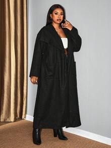 Hourglow Plus Size Women's Casual Solid Color Long Sleeve Wool Overcoats In Fall/Winter - Black - View 3