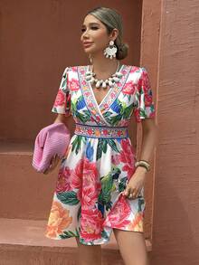 Selianne Vacation Bohemian Tropical Large Floral Print Ruffle Sleeve Women's Short Dress Beach White Summer - Multicolor - View 6