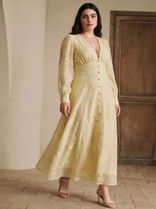 Anewsta Elegante vestido tejido de manga larga con bordado amarillo para ocasiones formales - Amarillo - Ver 6