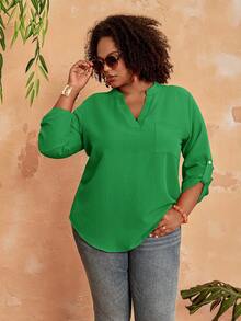 EMERY ROSE Women's Plus Size Solid Color Notch V-Neck Rolled Sleeve Shirt Fall - Green - View 4