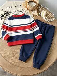 SHEIN Playful Pals 2件/套男嬰運動衫與配套運動長褲秋季套裝舒適家庭搭配款 - 彩色 - 查看 2