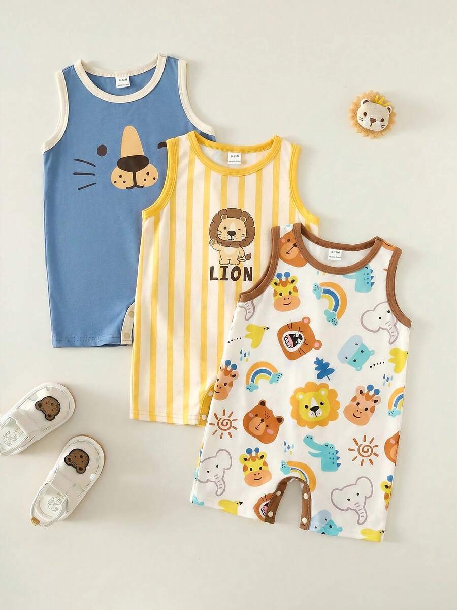 SHEIN 男女通用新生兒嬰兒男/女 3件組 春/夏休閒可愛獅子印花無袖連身褲短褲套裝,嬰兒連身褲,套裝,嬰兒夏季衣物 - 彩色 - 查看 1