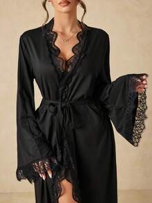 HautHeat Women's Solid Color Contrast Lace Long Sleeve Elegant Loungewear Robe - Black - View 4