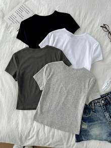 Tseoso 4pcs Casual Crew Neck Regular Shoulder Short Sleeve Fitted Women's T-Shirt Suitable For Summer - Multicolor - View 2