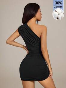 SHEIN PETITE Women's Solid Color Ruched Bodycon Mini Slip Dress, Comfortable Cotton Blend, Stretchy & Forgiving, Suitable For Summer, Club Outfits,Dresses For Women Summer - Black - View 2