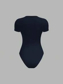SHEIN BASICS بودي نسائي كاجوال من القطن بنسبة 95%، محبوك باللون الأزرق الداكن، بياقة دائرية وأكمام قصيرة، بقصة ضيقة، مناسب للصيف - أزرق بحري - مشاهدة 2
