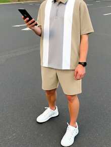 SHEIN 2pcs/Set Teen Boy Casual Collegiate Color Block Polo Shirt & Shorts Set, Suitable For Commuting. - Khaki - View 7
