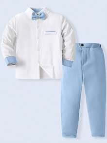 SHEIN Bộ trang phục lịch lãm 2 món cho bé trai tuổi teen - Áo sơ mi dài tay màu xanh nhạt + Nơ đeo cổ + Quần tây màu xanh nhạt, bộ vest trang trọng thanh lịch cho tiệc sinh nhật, đám cưới, buổi biểu diễn, lễ tốt nghiệp, hoặc mặc thường ngày. - Màu xanh nhạt - Xem 3