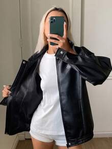 Livesso Solid Color Loose Long Sleeve Lapel PU Women's Jacket - Black - View 4