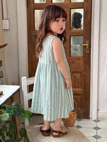 DAZY 女嬰條紋圓領休閒無袖洋裝 夏季幼兒 - 藍色 - 查看 2