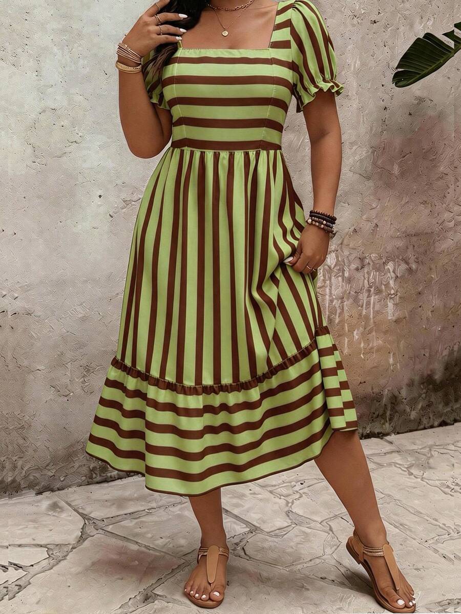 SHEIN Clasi Vestido elegante con estampado para mujer de talla grande, primavera-verano - Limelight Green - Ver 1
