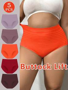 NudeFit 5PCS Women Plus Size Comfy Stretch High Waisted Striped Seamless Full-Coverage Panties - Multicolor - View 2