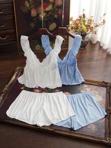 Côtesoire 4pcs French Romantic Elegant Ruffle Lace Patchwork Plus Size Pajama Set - Multicolor - View 2
