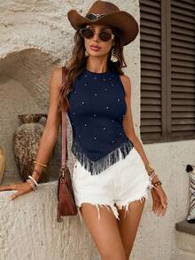 Wildy Áo croptop đen đính tua rua phong cách BOHO mùa hè, thích hợp cho lễ hội âm nhạc miền Tây, kỳ nghỉ hè, buổi hòa nhạc kiểu châu Âu, tiệc tùng dành cho nữ. - Màu xanh hải quân - Xem 5