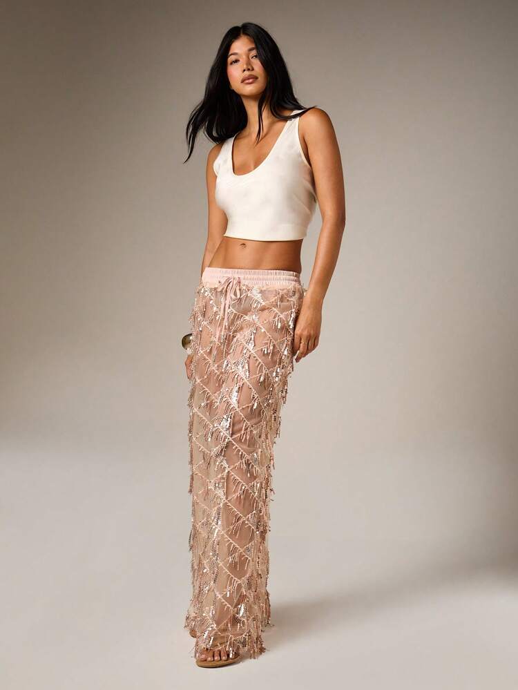 AiiRZ Embellished Sequin Wide Leg Palazzo Pants With Drawstring Waist And Sparkly Beadwork For Evening Party Festival Occasions