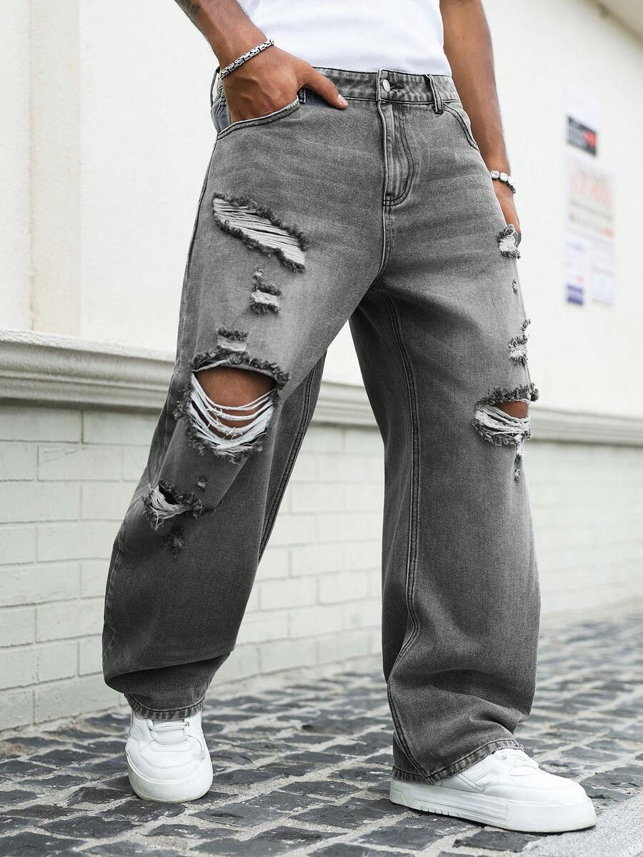 Manfinity Roughcore Pantalones de pierna curva de mezclilla gris lavada desgastada de moda callejera para hombres - Gris - Ver 1