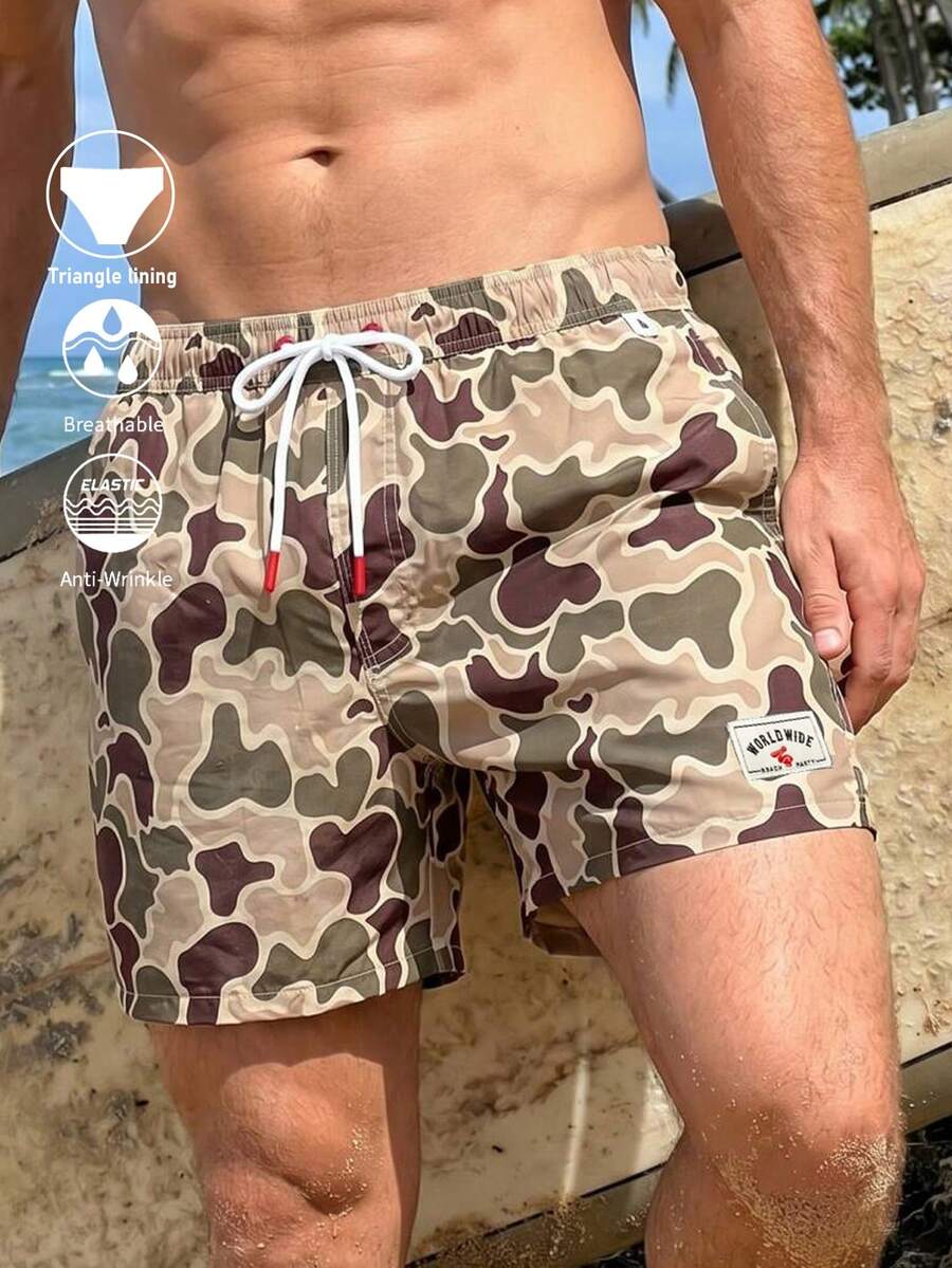 Manfinity VDAYZ Men's Drawstring Waist Camouflage Pattern Fashion Summer Beach Shorts, Holiday - Khaki - View 1