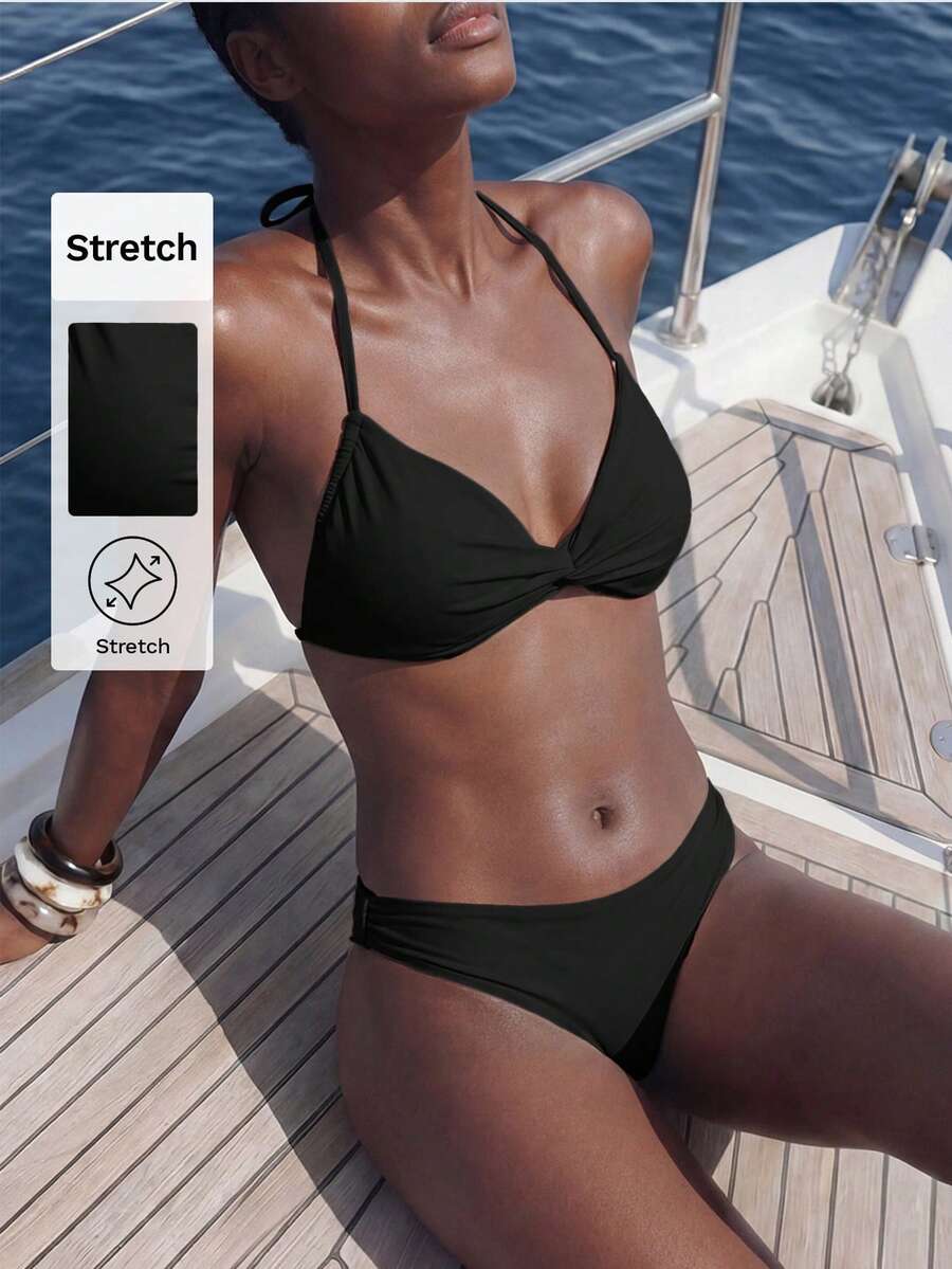 Maija Women's Summer Beach Solid Color Halter Neck Tie Sexy Bikini And Triangle Bottom Two Pieces Swimwear Set Bathing Suits For Women - Black - View 1