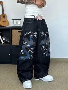 STEELVANCE Streetwear Retro Fashion Versatile Distressed Embroidered Design Loose Straight Wide Leg Casual Denim Jeans (Belt And Accessories Not Included) - Black - View 4
