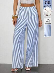 PETITE Pantalones de pierna ancha de textura de cintura alta, de estilo casual y sencillo, apropiados para ir a la escuela o para ir y venir al trabajo - Azul - Ver 6