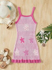 SHEIN Tween Girl 3D Starfish Embroidery Decor Hollow Out Ruffle Hem Cover-Up Dress - Pink - View 2