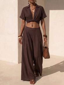 Zivah Women's Vacation Casual Solid Color Twist Front Cropped Top And Long Pants 2pcs Set Beach Coffee Brown Summer - Rust Brown - View 4