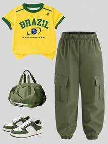 Conjunto de camiseta de cuello redondo con letra Brasil verde de moda vintage, adecuado para uso diario, conjunto de 2 piezas para niñas, conjunto casual, ambiente casual, comodidad fácil, conjunto de niña con estilo, nuevo estilo, relajado relajado - Multicolor - Ver 2