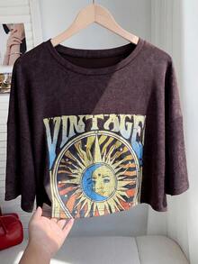 Comfortcana Camiseta suelta de talla grande con estampado de sol, primavera/verano - Marrón Chocolate - Ver 3