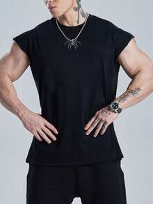 GymBeat 男士蜘蛛印花無袖運動健身背心，健身房、度假適用 - 黑色 - 查看 3