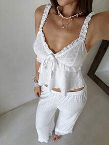 Aloruh Bohemian Jacquard Knit Casual & Romantic Homewear, Ruffle Trim Knit Casual Women Pajama Set - White - View 7