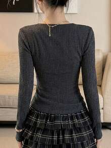 DAZY Camiseta de mujer de manga larga con cuello cuadrado, corte slim fit, elegante y gótica, color gris oscuro con bloques de color, con cordones y lazos, para bodas, salidas nocturnas, moda y fiestas, top lindo de otoño - Gris Oscuro - Ver 3
