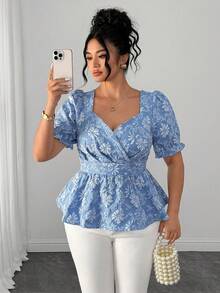 Elenzga Blusa Elegante de Mangas Bufantes com Gola Quadrada, Textura Jacquard, Cintura Franzida e Bainha com Babado, Adequada para Encontros e Uso Diário, Plus Size - Azul - Visão 5