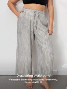 LUVLETTE Große Größen Sommer Natürlich Gemütlich Graue Weite Hose - Strukturierter Stoff & Kordelzug Taille Frische Leichte Lounge Hose Lässige Weite Beine - Grau - Übersicht 8