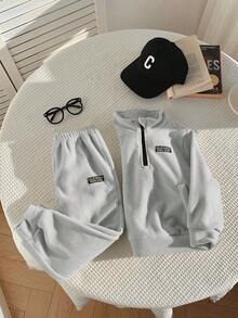 SHEIN 2件裝小男孩休閒簡約兩件套，適合秋冬，刷毛加厚 - 淺灰色 - 查看 5