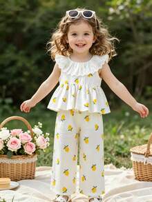 SHEIN Vintaside Kids 2 Stücke/Set Kleinkind Mädchen Gestrickte Zitronen Ärmellose Spitzenkragen Bluse und Gerade Bein Hose, bequemer Kinder Casual Outfit für Sommerliche Outdoor Aktivitäten - Weiss - Übersicht 2