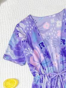 SHEIN Tween Girls 3pcs Bikini Set, Cute Purple Tropical Floral Knit Fabric Two-Piece Swimsuit With Back Cross Strap Design, Triangle Bottoms And Sun Protection Cover-Up, Fashionable Elegant Lady Style For Swimming, Summer Vacation, Beach, Pool, Summer Holiday Party - Purple - View 4
